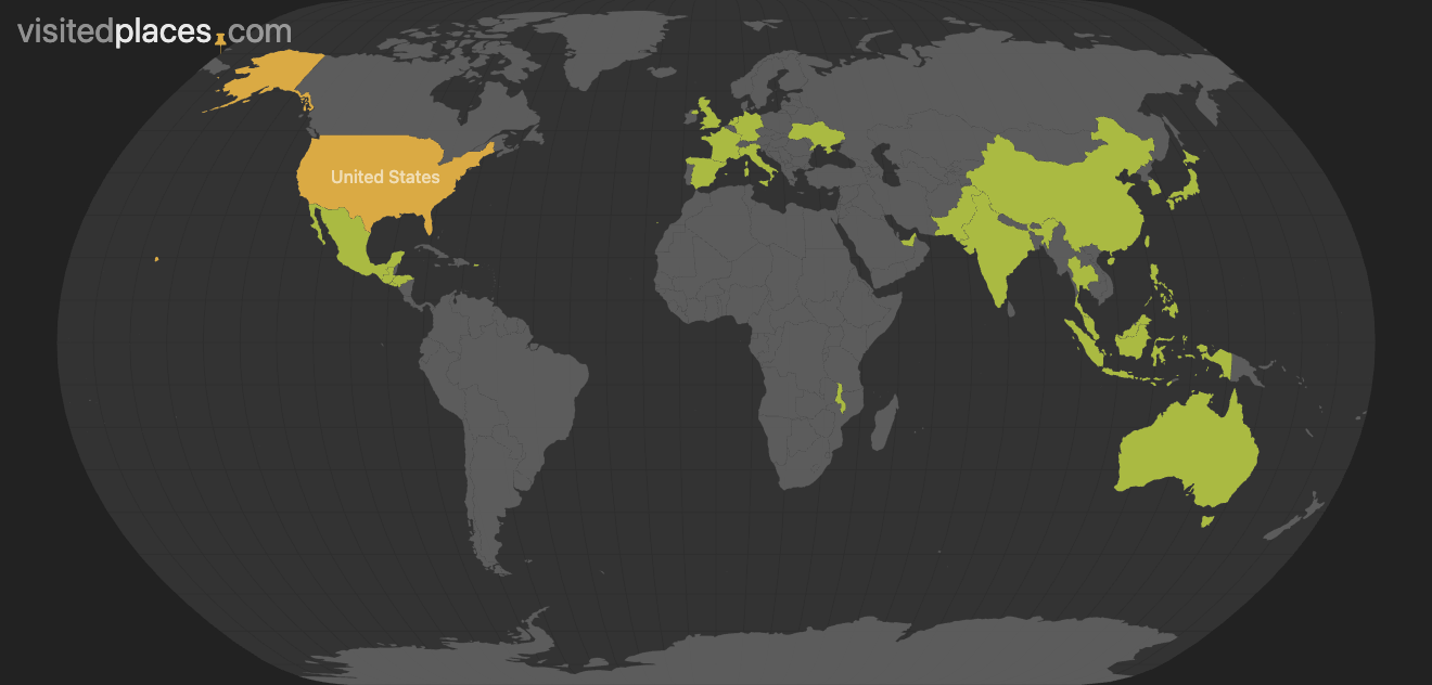 World map highlighting countries where I have taught students